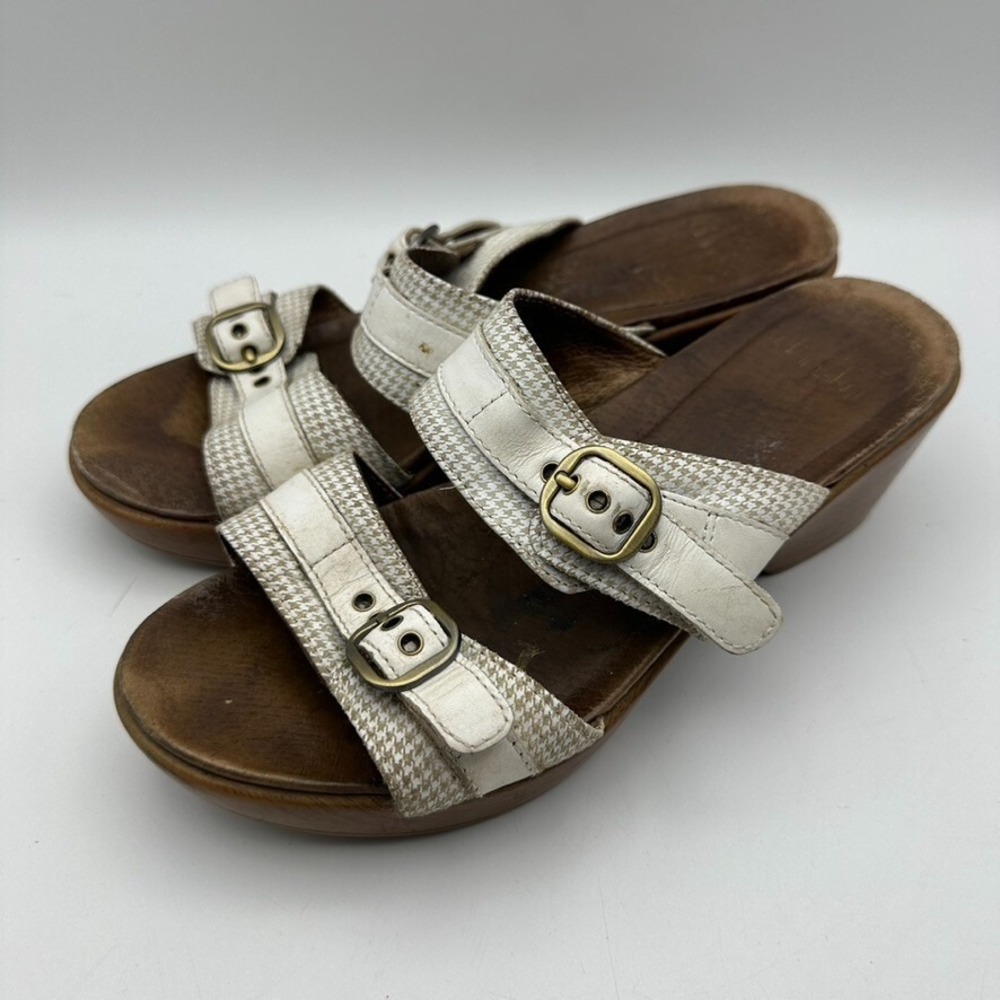 Dansko Slide Sandals Women Size 39 US‎ 9 White Houndstooth Leather Wedge